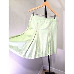 French Vintage MAP Green Linen Cotton Pleated Beaded Skirt 5 A Line Pastel Date